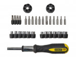 A set of Stanley screwdrivers with colour-coded handles covering a range of flathead and Phillips sizes.,