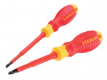 A set of 2 Stanley screwdrivers with colour-coded handles covering a range of flathead and Phillips sizes.,