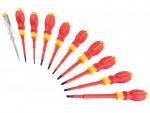 A set of 10 Stanley screwdrivers with colour-coded handles covering a range of flathead and Phillips sizes.,