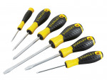 A set of 6 Stanley screwdrivers with colour-coded handles covering a range of flathead and Phillips sizes.,
