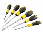 A set of 6 Stanley screwdrivers with colour-coded handles covering a range of flathead and Phillips sizes.,