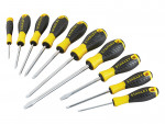 A set of 10 Stanley screwdrivers with colour-coded handles covering a range of flathead and Phillips sizes.,