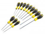A set of 12 Stanley screwdrivers with colour-coded handles covering a range of flathead and Phillips sizes.,