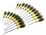 A set of 20 Stanley screwdrivers with colour-coded handles covering a range of flathead and Phillips sizes.,
