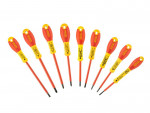 A set of 10 Stanley screwdrivers with colour-coded handles covering a range of flathead and Phillips sizes.,