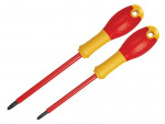 A set of 2 Stanley screwdrivers with colour-coded handles covering a range of flathead and Phillips sizes.,