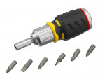 A Stanley ratchet screwdriver with a reversible mechanism and interchangeable bit storage, for faster one-handed screw driving.