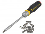 A Stanley ratchet screwdriver with a reversible mechanism and interchangeable bit storage, for faster one-handed screw driving.