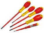 A set of 5 Stanley screwdrivers with colour-coded handles covering a range of flathead and Phillips sizes.,