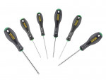 A set of 6 Stanley screwdrivers with colour-coded handles covering a range of flathead and Phillips sizes.,
