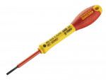 A Stanley VDE-insulated Phillips screwdriver with a 1000V-rated rubber handle, for safe use on live electrical equipment.