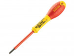 A Stanley VDE-insulated Phillips screwdriver with a 1000V-rated rubber handle, for safe use on live electrical equipment.