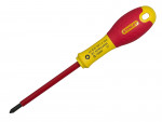 A Stanley VDE-insulated Pozi screwdriver with a 1000V-rated rubber handle, for safe use on live electrical equipment.