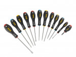 A set of 12 Stanley screwdrivers with colour-coded handles covering a range of flathead and Phillips sizes.,