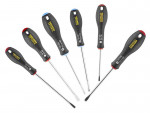 A set of 6 Stanley screwdrivers with colour-coded handles covering a range of flathead and Phillips sizes.,