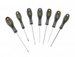 A set of 7 Stanley screwdrivers with colour-coded handles covering a range of flathead and Phillips sizes.,