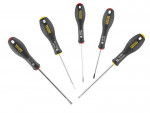 A set of 5 Stanley screwdrivers with colour-coded handles covering a range of flathead and Phillips sizes.,