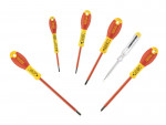 A set of 6 Stanley screwdrivers with colour-coded handles covering a range of flathead and Phillips sizes.,