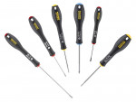 A set of 6 Stanley screwdrivers with colour-coded handles covering a range of flathead and Phillips sizes.,