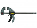 A Stanley one-handed quick-release bar clamp with a trigger mechanism and non-marring pads, for fast temporary clamping.