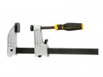 A Stanley sash clamp with a long steel bar, a fixed jaw, and a sliding adjustable tail stop, for clamping wide assemblies during gluing.
