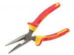 A pair of Stanley long-nose pliers with narrow tapered jaws and a side-wire cutter, for working in confined spaces.