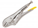 A pair of Stanley locking pliers with an adjustable jaw and an over-centre locking mechanism, for gripping workpieces securely.