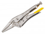 A pair of Stanley locking pliers with an adjustable jaw and an over-centre locking mechanism, for gripping workpieces securely.