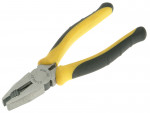 A pair of Stanley combination pliers with serrated flat jaws, a pipe-gripping section, and a side cutter, for general gripping work.