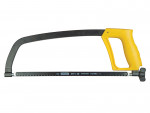 A hacksaw with a metal frame, adjustable blade tension, and a pistol-grip handle, for cutting metal bar, pipe, and conduit.