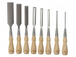 A hardened steel chisel with a bevelled cutting edge and a square-section body, for cutting stone, brick, or timber.