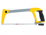A hacksaw with a metal frame, adjustable blade tension, and a pistol-grip handle, for cutting metal bar, pipe, and conduit.