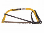 A hacksaw with a metal frame, adjustable blade tension, and a pistol-grip handle, for cutting metal bar, pipe, and conduit.