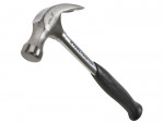 A claw hammer with a steel-handled handle and a polished steel head featuring a straight claw for nail removal and a flat striking face.,