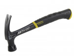 A claw hammer with a steel-handled handle and a polished steel head featuring a straight claw for nail removal and a flat striking face.,