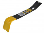 A hardened steel crowbar with a curved prying end and a pointed chisel tip, designed for levering, prying, and demolition work.