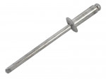 An aluminium dome-head blind rivet with a steel mandrel, used for joining sheet materials where access is only available from one side.