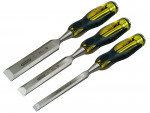 A bevel-edge wood chisel with a hardened steel blade and a polymer or wooden handle, for paring and chopping joints in timber.