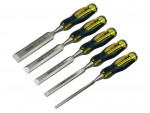 A bevel-edge wood chisel with a hardened steel blade and a polymer or wooden handle, for paring and chopping joints in timber.