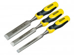 A bevel-edge wood chisel with a hardened steel blade and a polymer or wooden handle, for paring and chopping joints in timber.