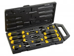 A set of 10 Stanley screwdrivers with colour-coded handles covering a range of flathead and Phillips sizes.,