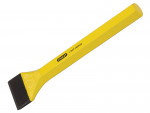 A hardened steel chisel with a bevelled cutting edge and a square-section body, for cutting stone, brick, or timber.