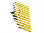 A hardened steel chisel with a bevelled cutting edge and a square-section body, for cutting stone, brick, or timber.