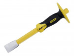 A hardened steel chisel with a bevelled cutting edge and a square-section body, for cutting stone, brick, or timber.
