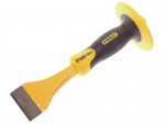 A hardened steel chisel with a bevelled cutting edge and a square-section body, for cutting stone, brick, or timber.