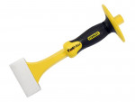 A hardened steel chisel with a bevelled cutting edge and a square-section body, for cutting stone, brick, or timber.