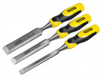 A bevel-edge wood chisel with a hardened steel blade and a polymer or wooden handle, for paring and chopping joints in timber.