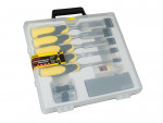 A hardened steel chisel with a bevelled cutting edge and a square-section body, for cutting stone, brick, or timber.