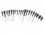 A set of 20 Stanley screwdrivers with colour-coded handles covering a range of flathead and Phillips sizes.,