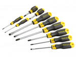 A set of 10 Stanley screwdrivers with colour-coded handles covering a range of flathead and Phillips sizes.,
